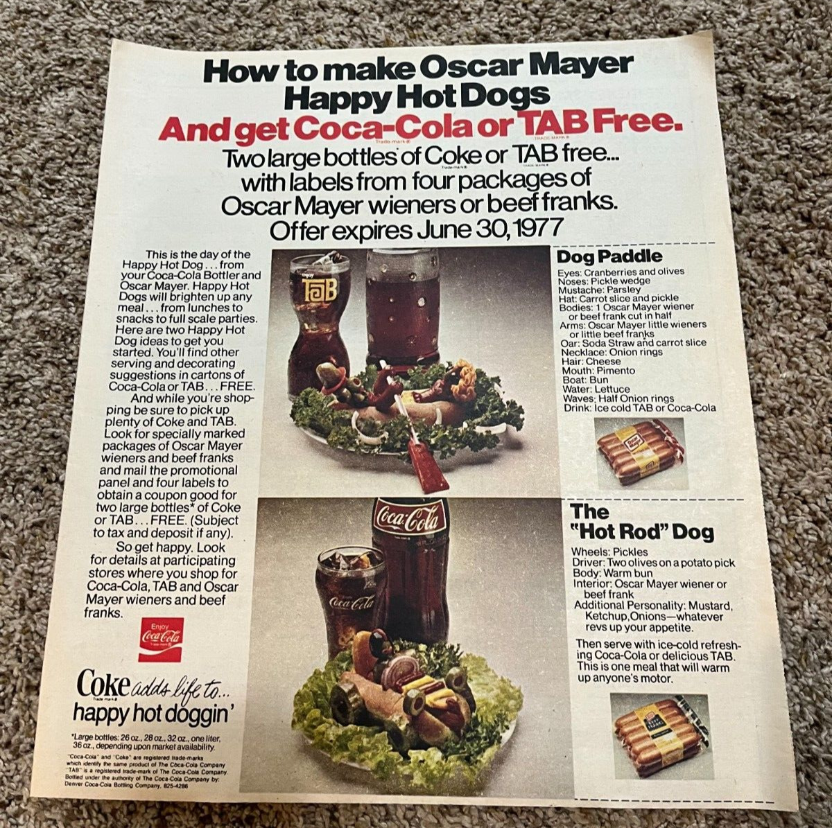 1977 Tab Coca-Cola Oscar Mayer Newspaper Ad