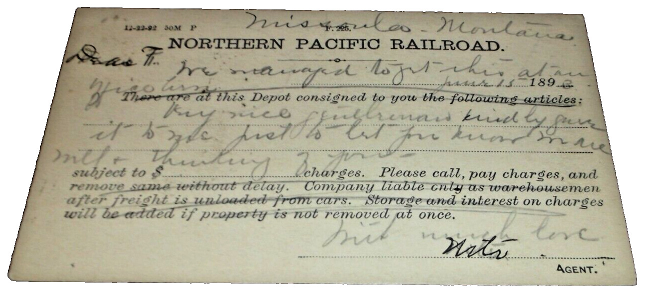 JUNE 1893 NORTHERN PACIFIC RAILROAD MISSOULA MONTANA POST CARD