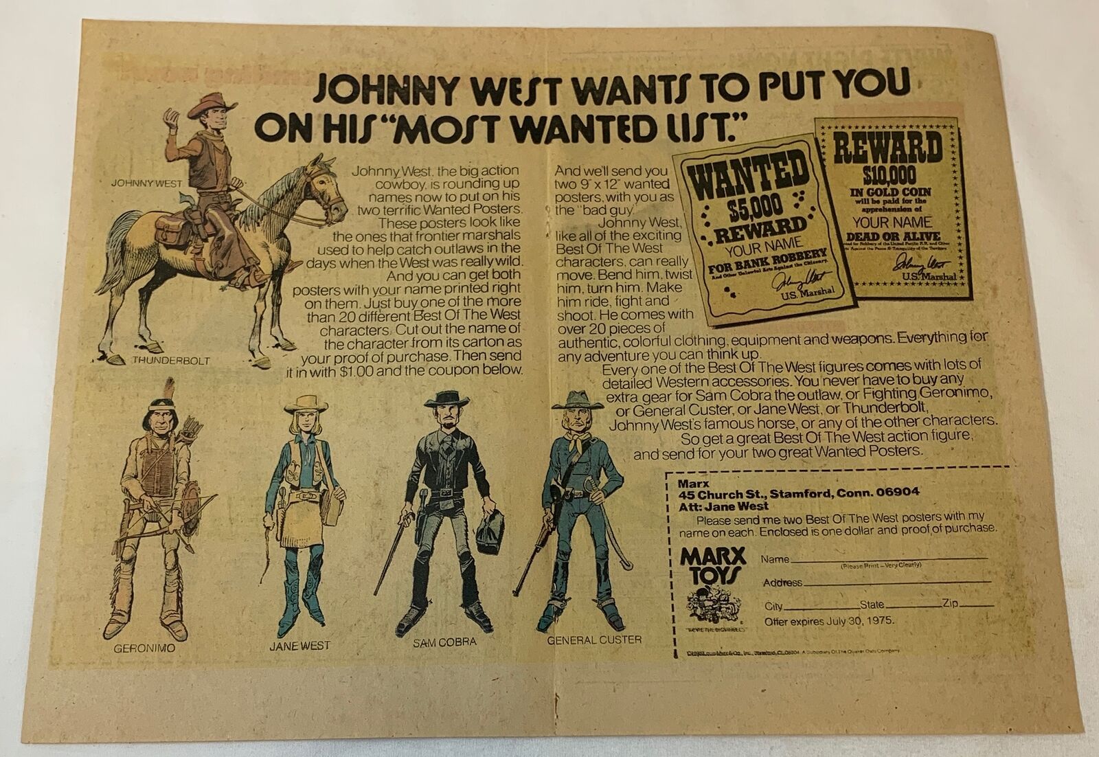 1975 Marx toys centerfold ad ~ JOHNNY WEST Thunderbolt,Geronimo,Jane,Sam Cobra+