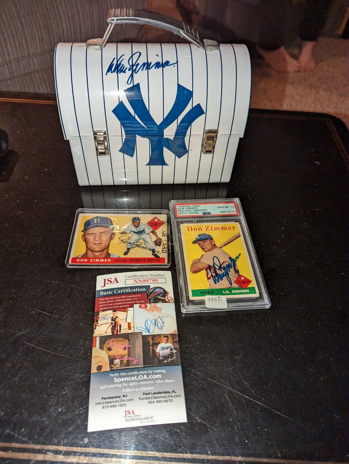 DON ZIMMER signed lot (4)~NY Yankees Lunch Box, Rookie,Gem/10 1958 cards, Tee