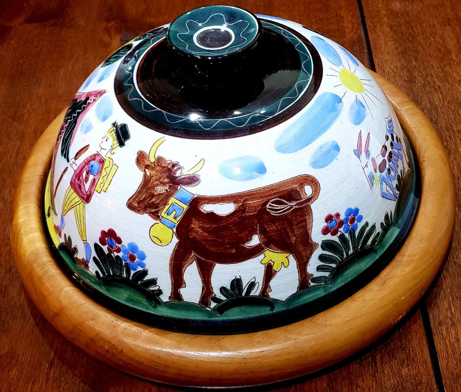 Hand Painted Domed Cheese Server - Swiss Folk Art on Round Wooden Base
