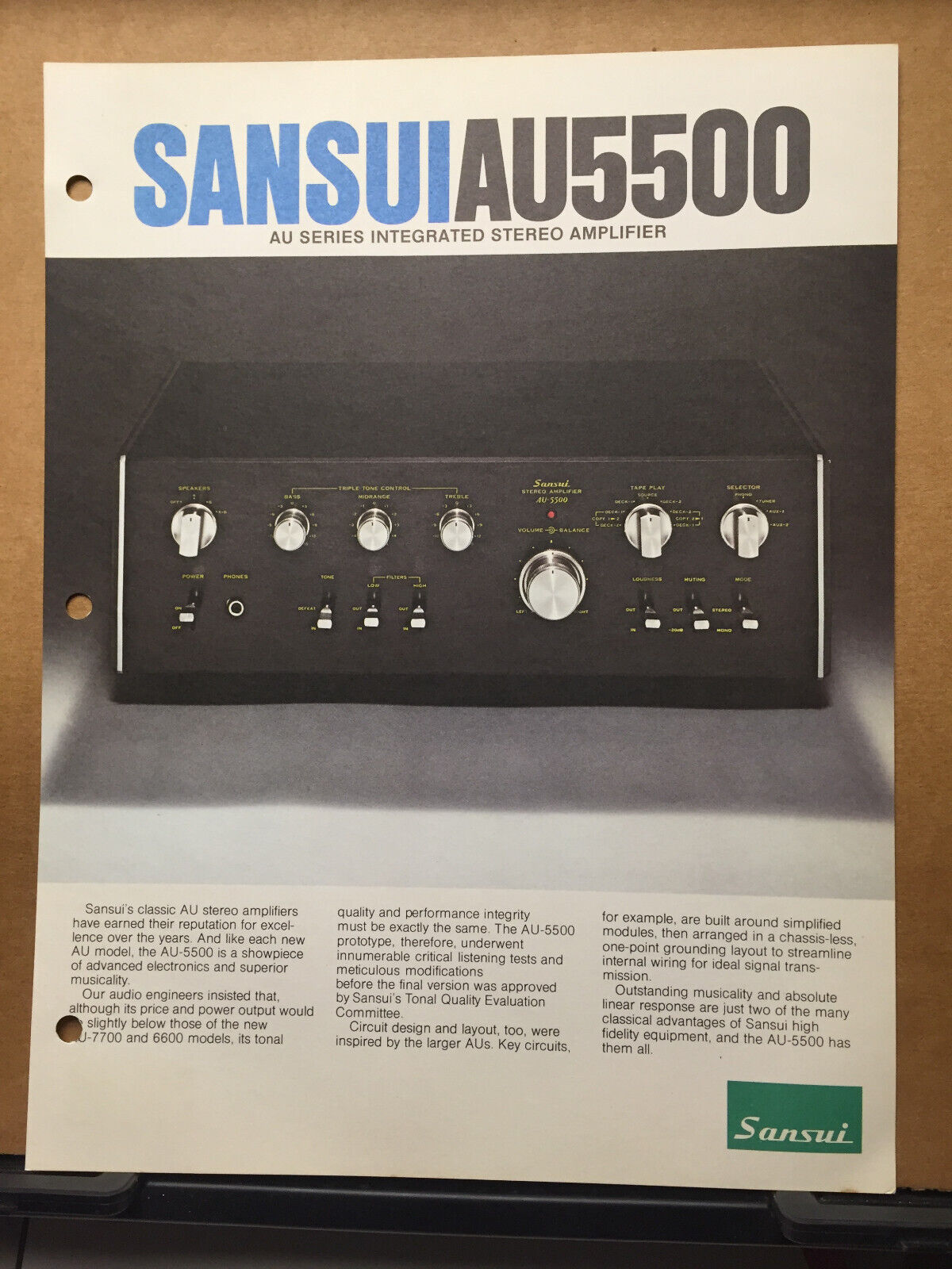 Vtg Sansui Catalog Insert ~ AU5500 Amplifier Spec Sheet ~ Original Brochure