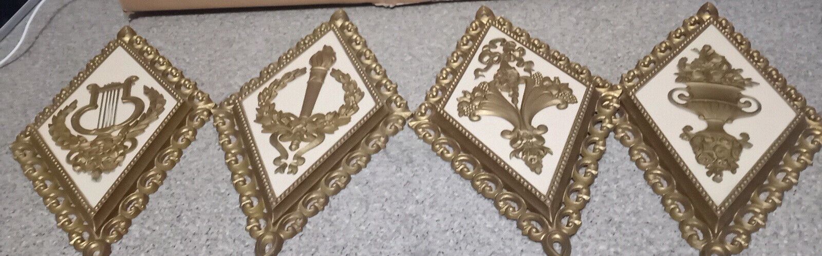 4 Vintage MCM Homco Syroco Gold Diamond Shape Wall Decor Plaques. Made in USA