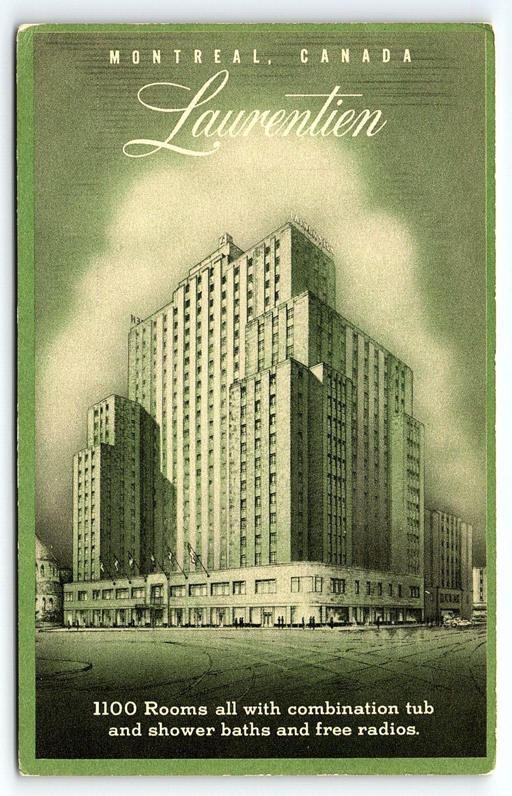 1920s MONTREAL CANADA LAURENTIEN HOTEL STREET VIEW GREEN TINT POSTCARD P2048