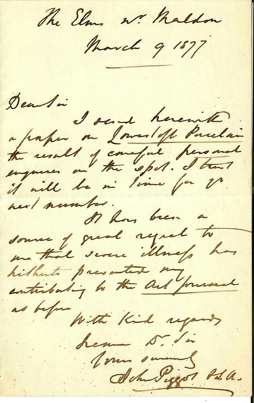 RARE “English Author” John Piggott Hand Written Letter Dated 1877