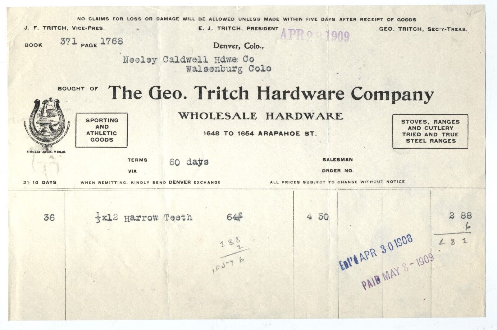 1909 DENVER COLORADO BILLHEAD GEORGE TRITCH HARDWARE COMPANY