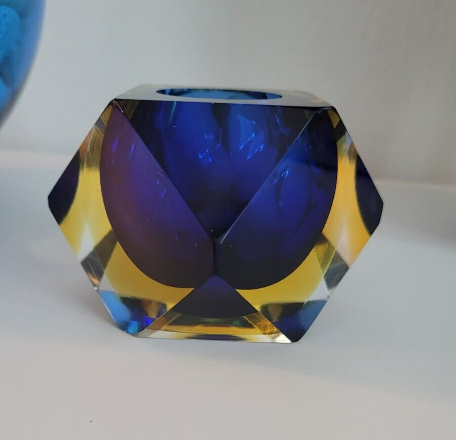 Vintage Cobalt & Amber MURANO Faceted Diamond Geometric SOMMERSO Art Glass Bowl