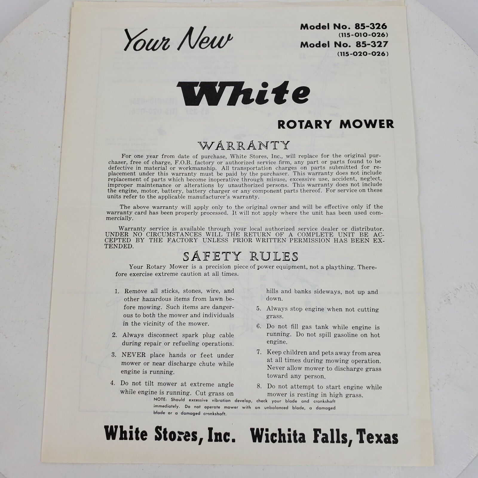 Vintage 1965 White Rotary Mower Model No 85-326 85-327 Warranty Installation