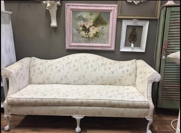 Chippendale Style Camel Back Sofa Ball & Claw Feet Chalk White Paint Distressed