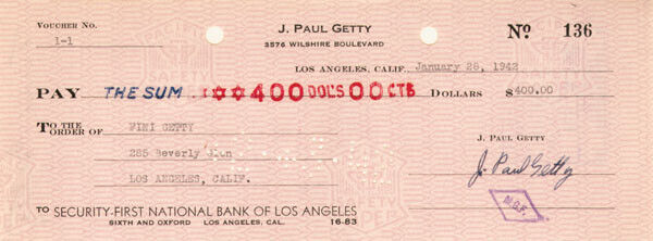 J. Paul Getty signed check - The Man behind the Movie \