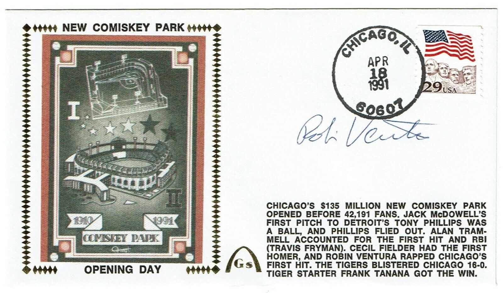 Robin Ventura Autographed First Day FDC 1991 New Comiskey OD Chicago White Sox 