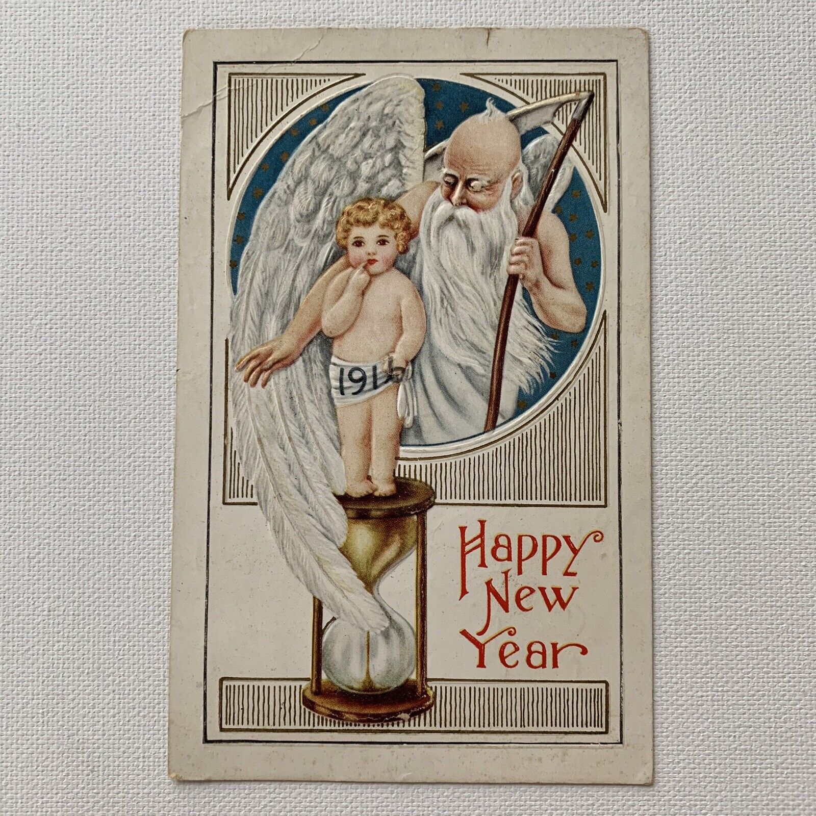 Antique Embossed Foil Postcard Baby New Year Father Time Scythe 1916 Postmark