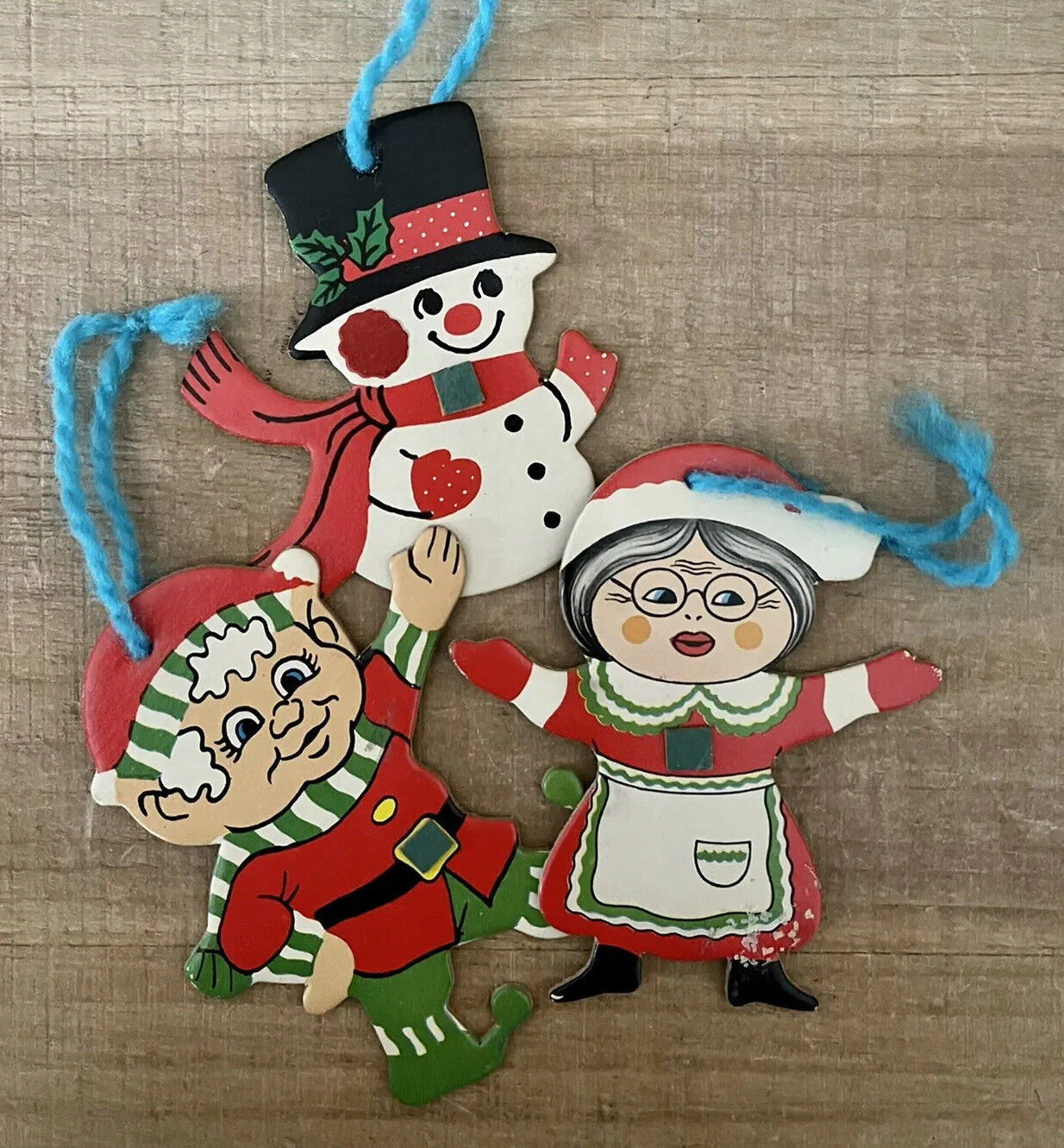 Vintage Christmas 3-Piece Cardboard Ornaments Elf Mrs. Claus Snowman