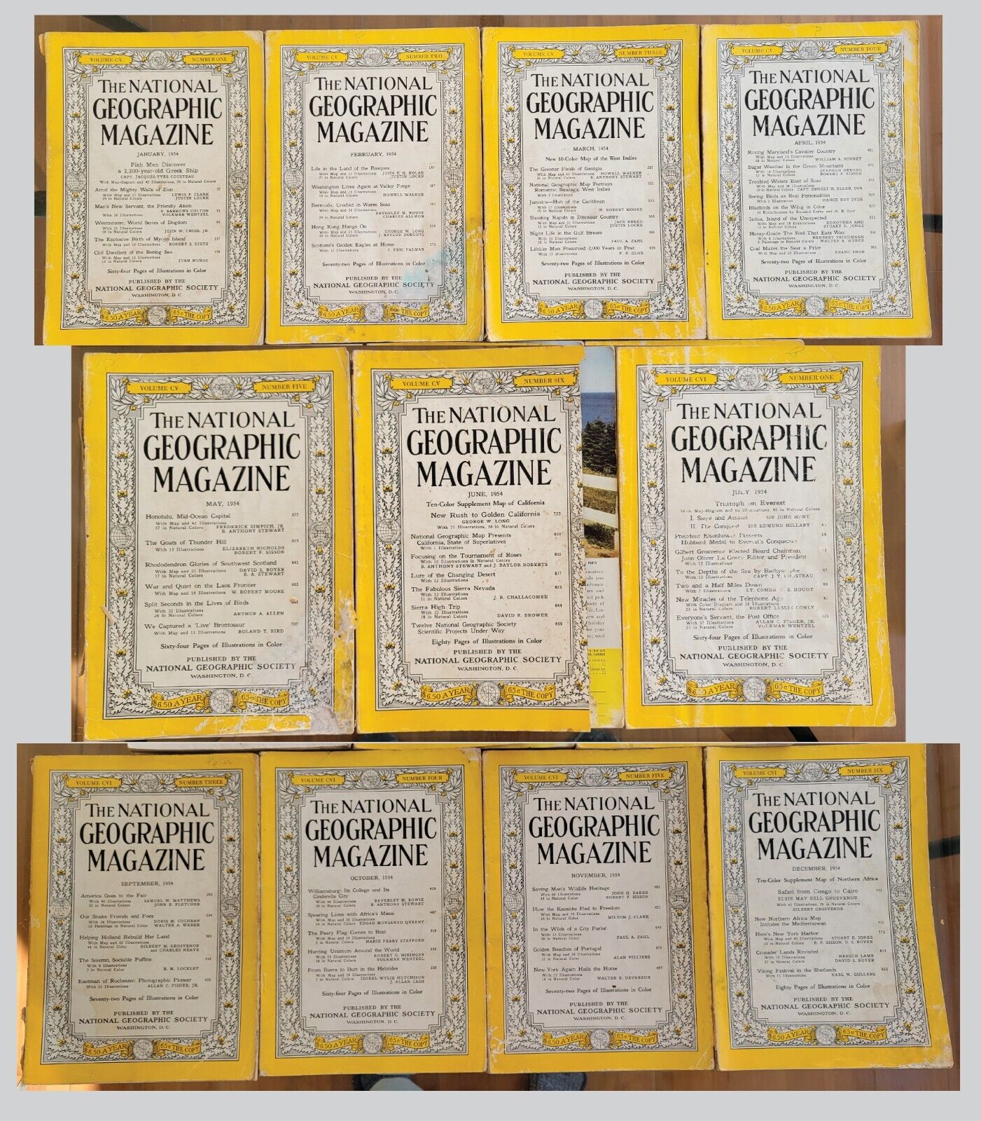 1954 National Geographic Magazines (11 issues, missing Aug) with 6 Coca-Cola Ads