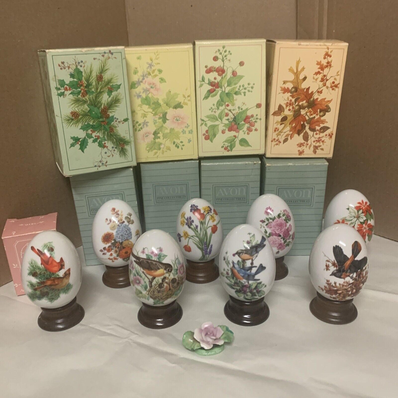 8-Vintage Avon Four Seasons Porcelain Eggs w/Wood Stands Birds & Flowers 1987/84