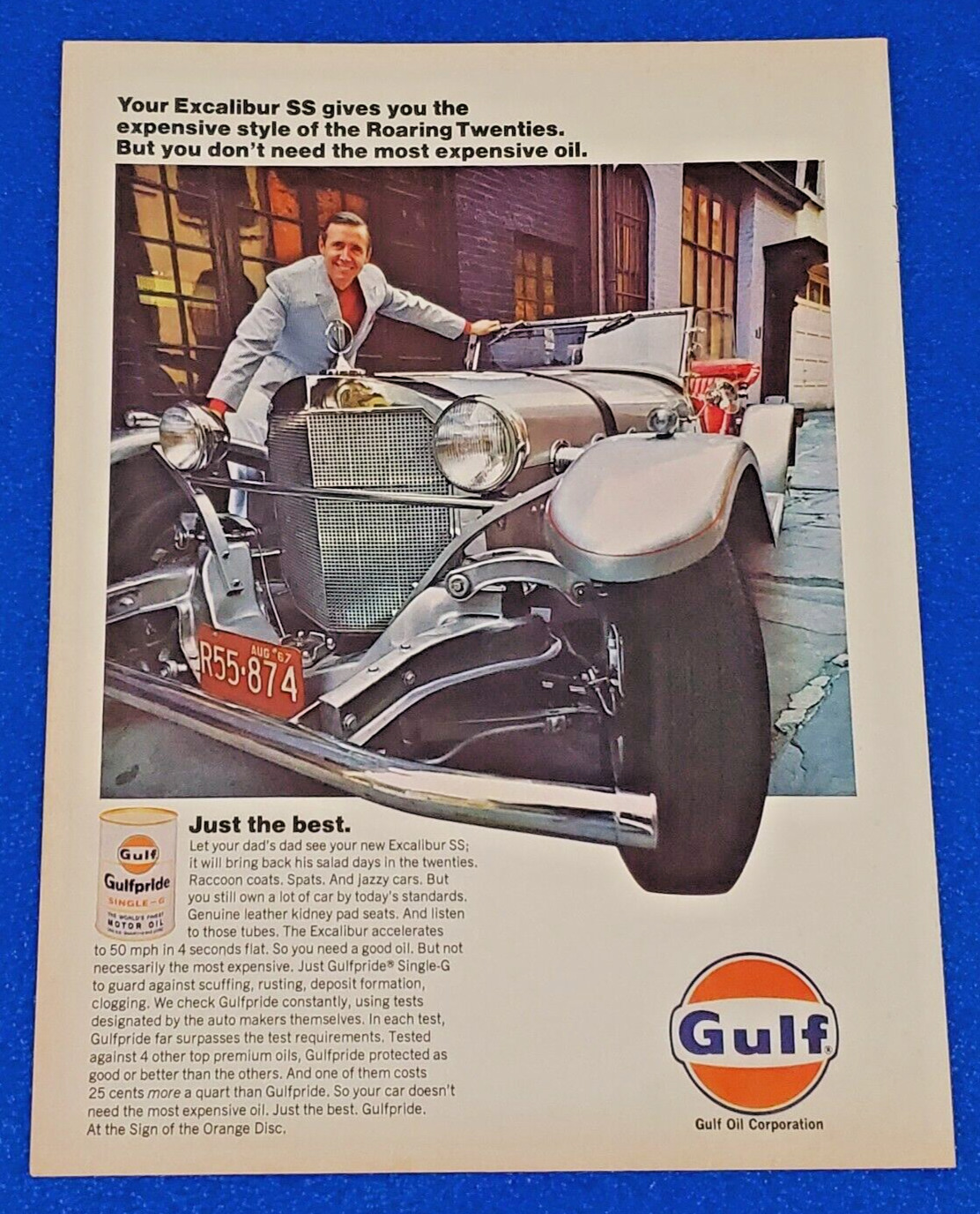 1968 GULF OIL CORPORATION ORIGINAL COLOR PRINT AD GULFPRIDE SINGLE G MOTOR OIL