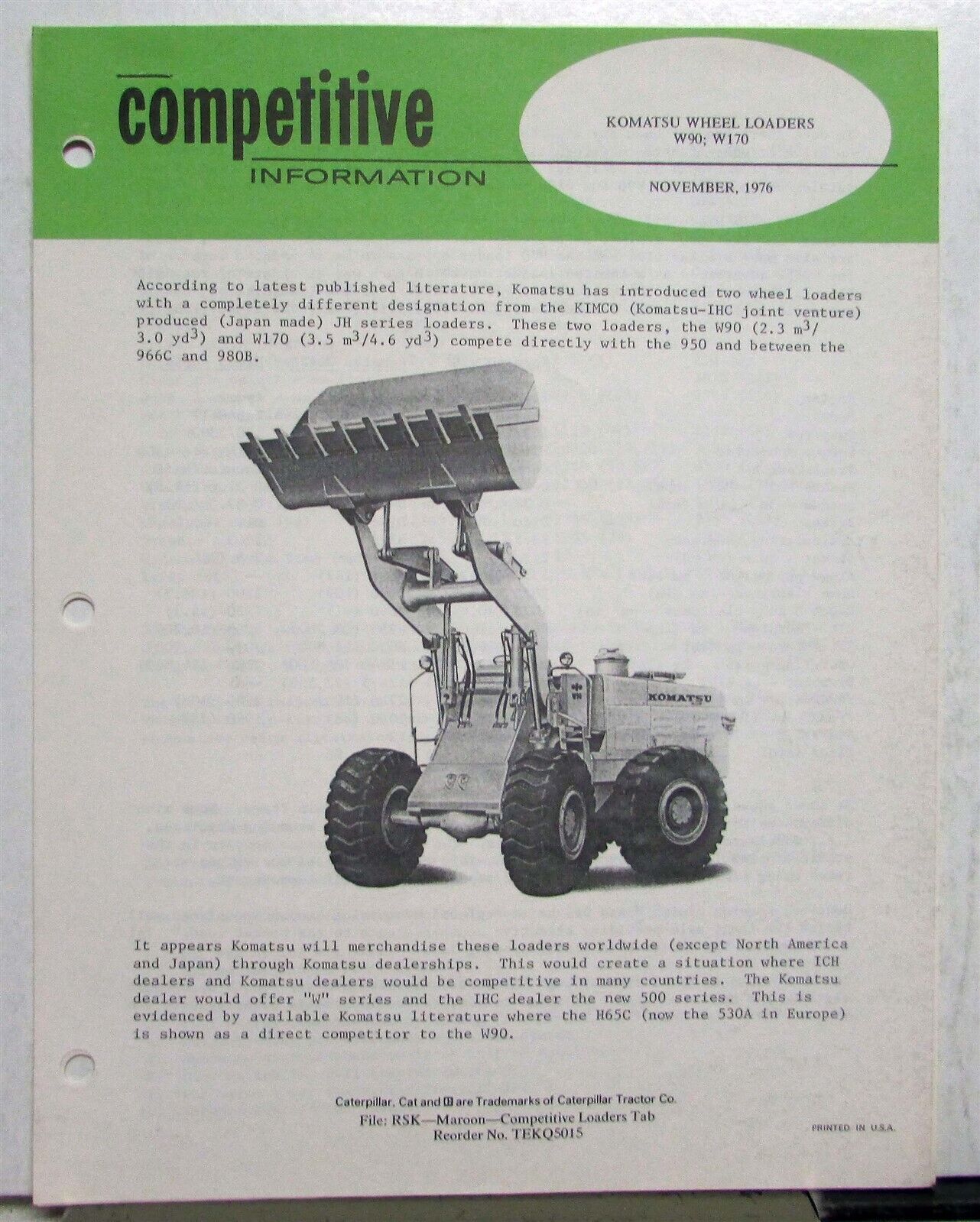 1977 Caterpillar Wheel Loader Komatsu Specs Construction Competitive Information