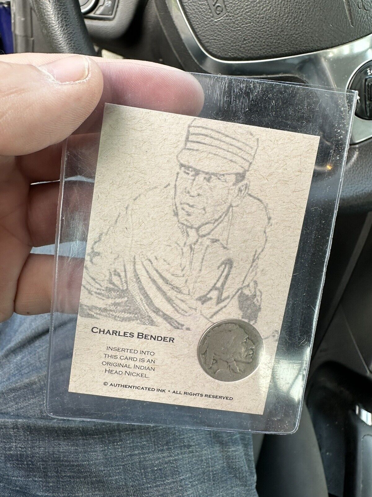 CHIEF CHARLES BENDER CARD WITH BUFFALO NICKEL Illustrated ink baseball card