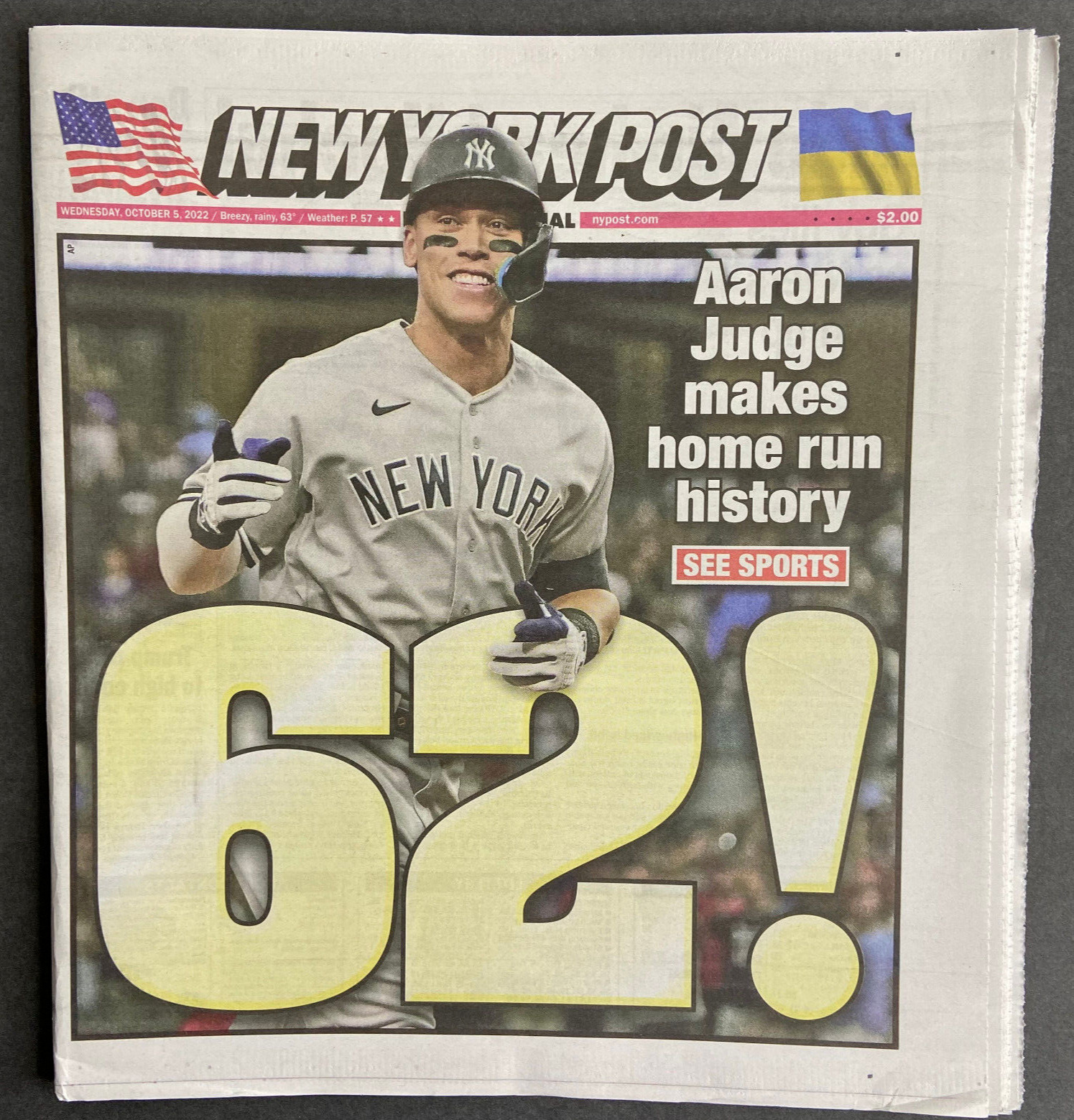Aaron Judge 62 Home Runs breaks Roger Maris New York Post newspaper 10/5 2022
