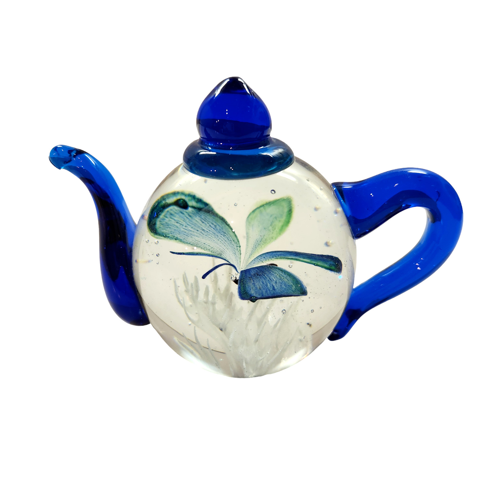Dynasty Gallery Heirloom Collection Blue Teapot Butterfly Glass Paperweight