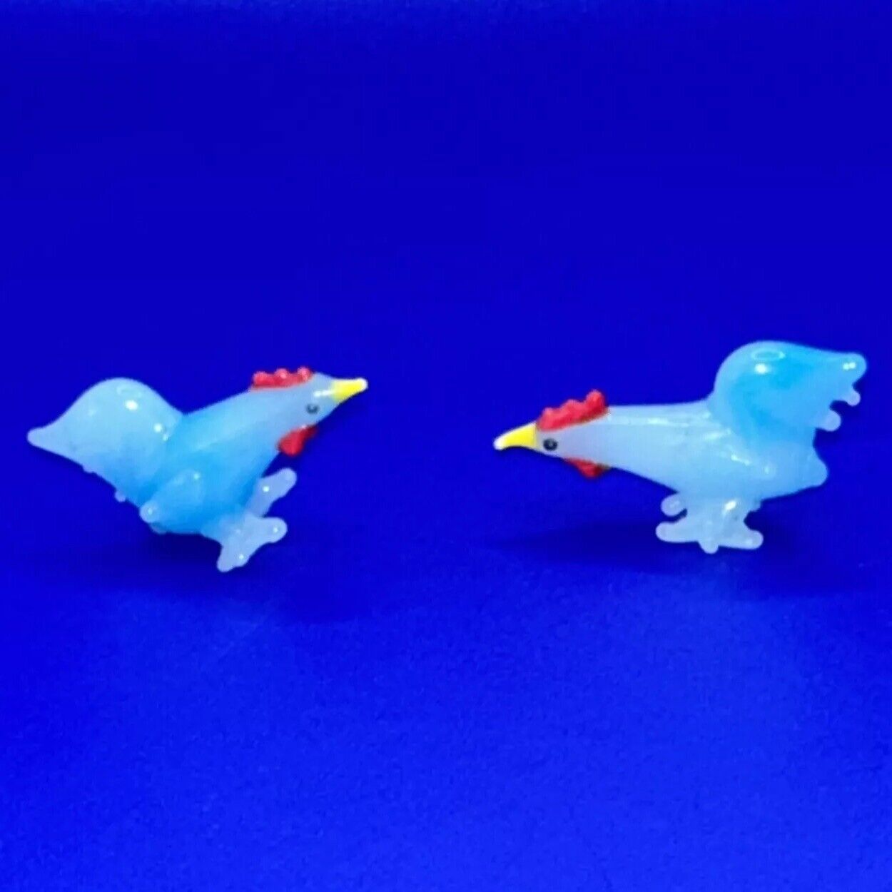 VTG Miniature Frosted Art Glass Lampwork Blue Chickens Lot Of Two, Estate Piece