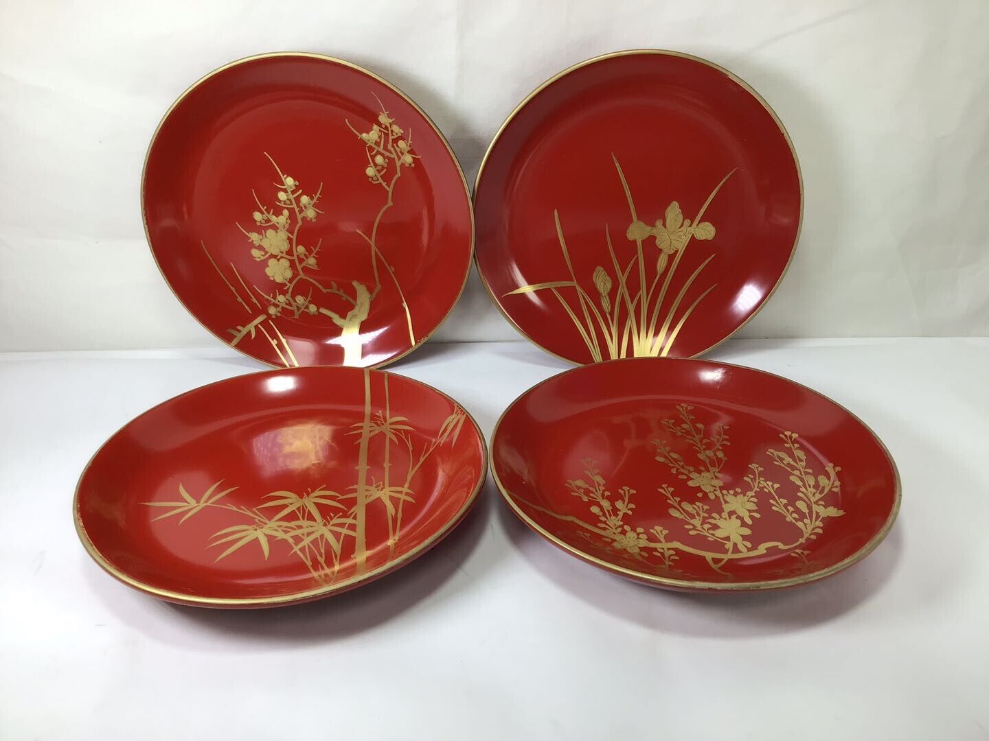 II46 Vintage Red Gold Japanese Traditional Craft Lacquerware Plate Set of Only