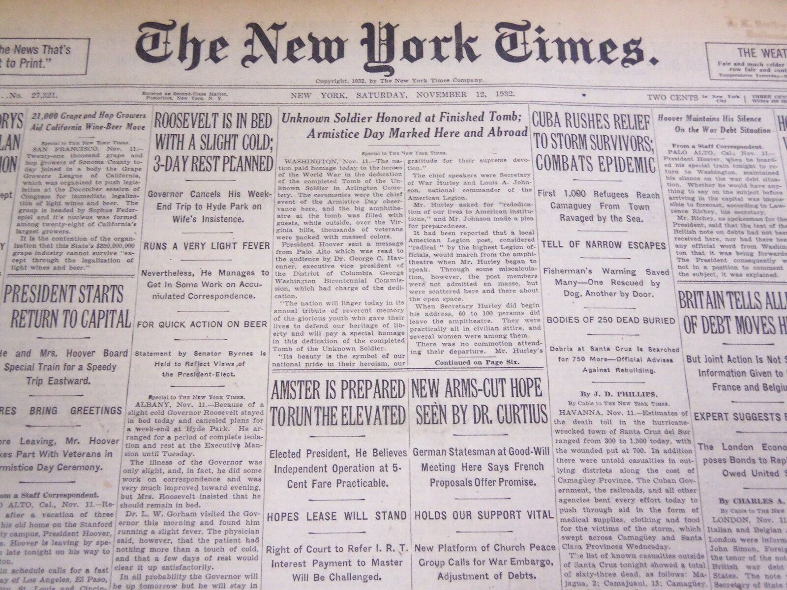 1932 NOV 12 NEW YORK TIMES - UNKNOWN SOLDIER HONORED AT FINISHED TOMB - NT 4750