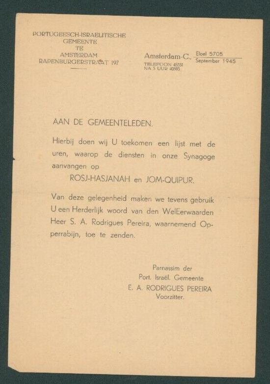 Prayer sheet for Rosh Hashanah & Yom Kippur, Portuguese synagogue Amsterdam 1945