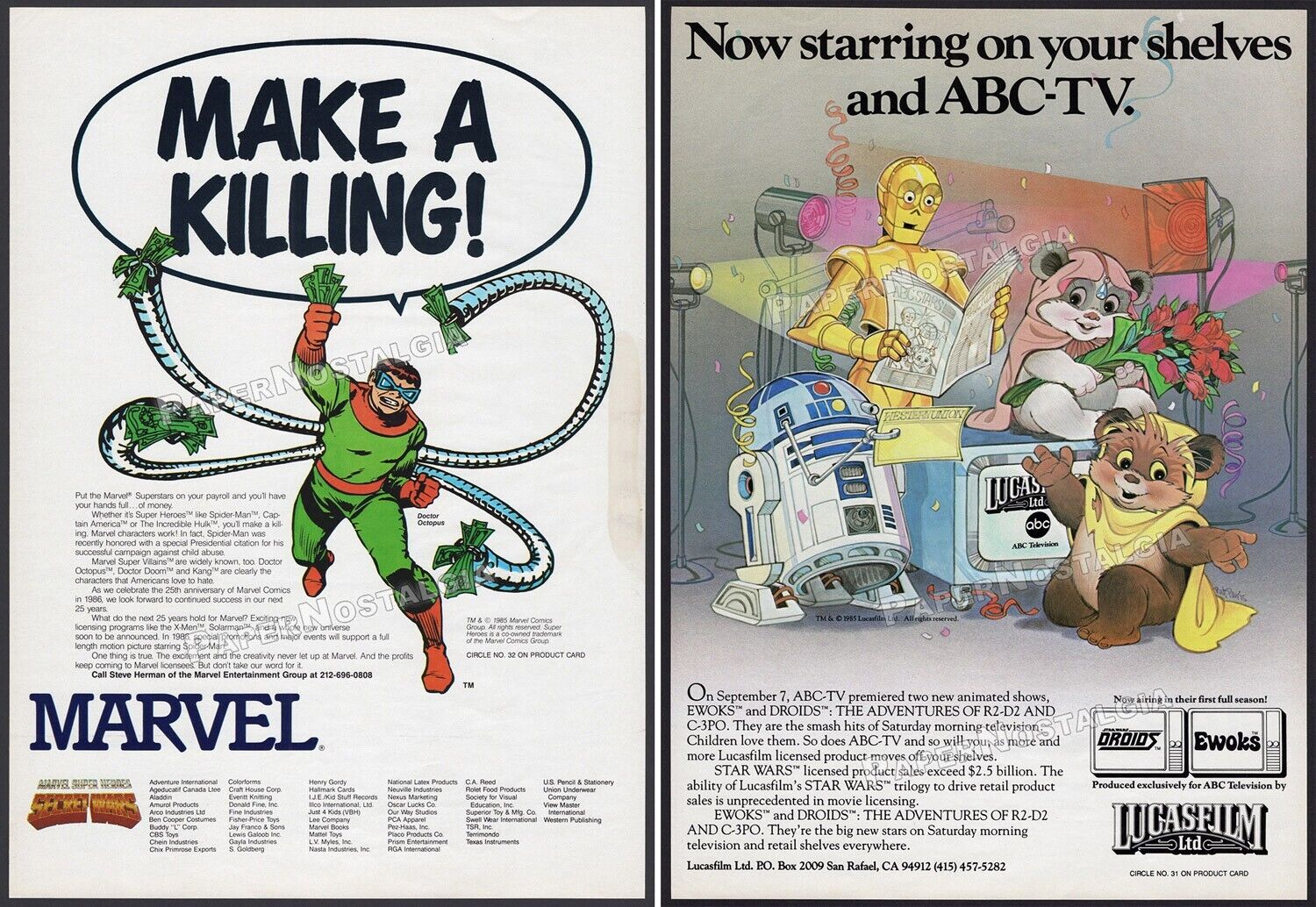 Marvel Super Heroes Secret Wars / Droids / Ewoks - Orig. 1985 Trade AD / poster