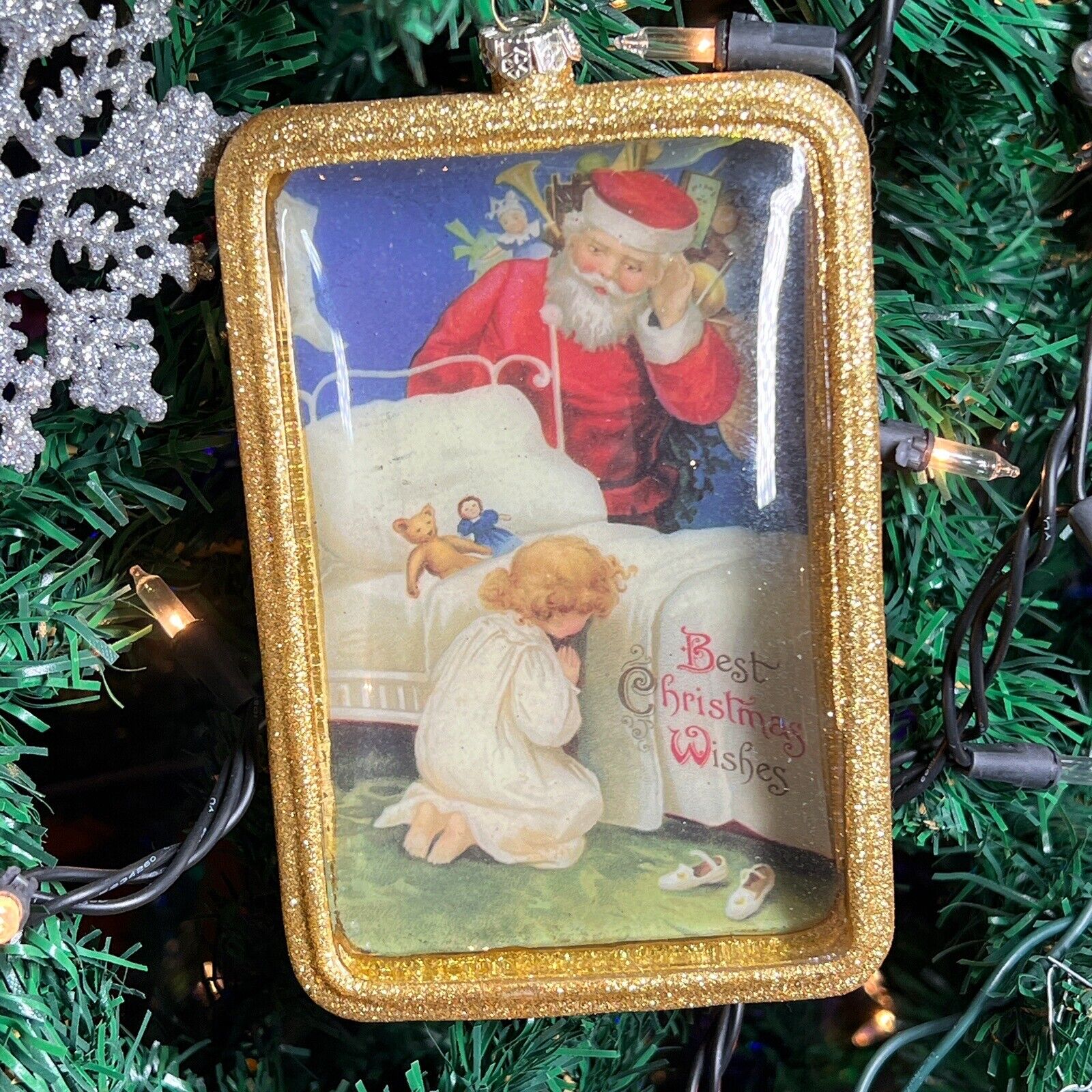 Tom Browning Hand Blown Santa With Praying Girl Picture Bubble Glass Ornament
