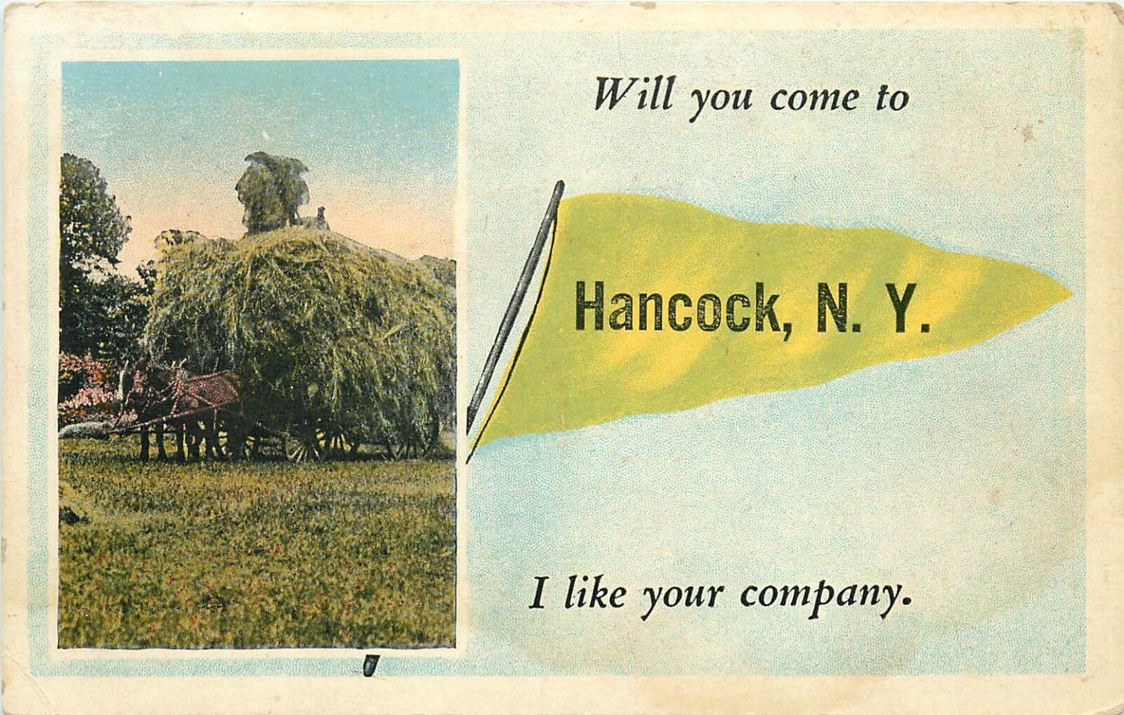 Hancock New York NY Horses pulling pulling loaded wagon  Postcard