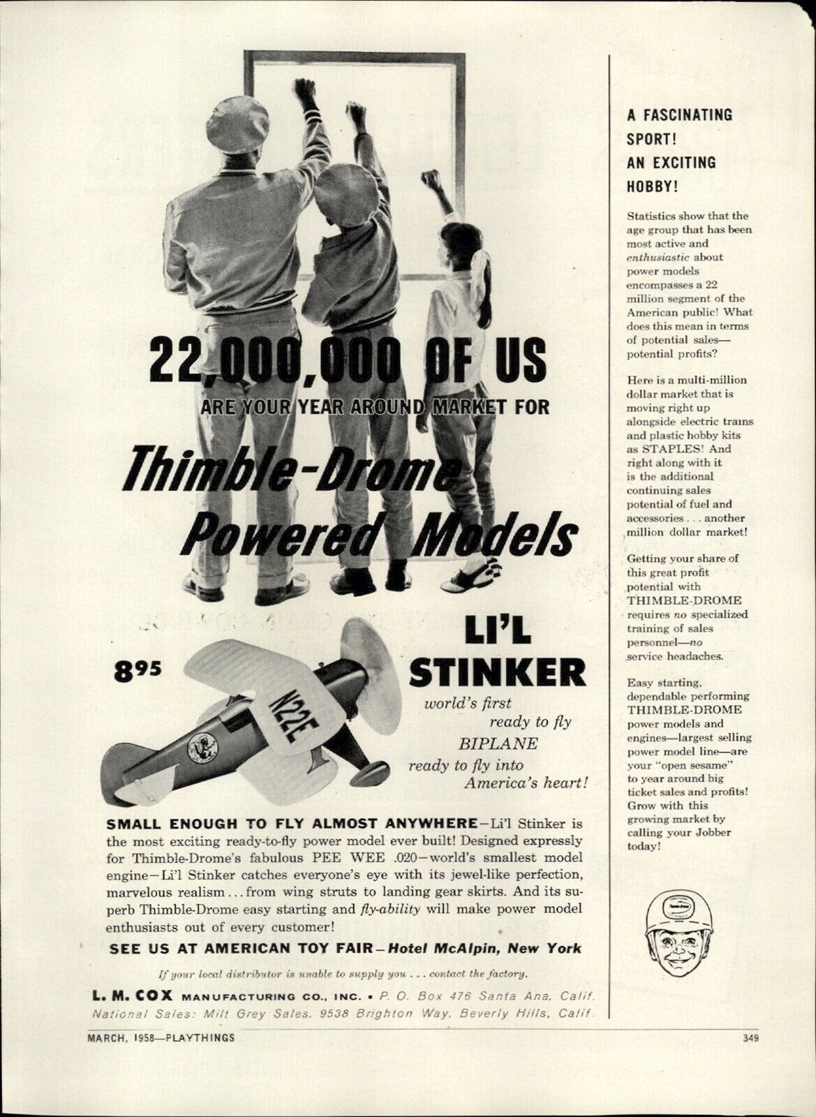 1958 PAPER AD Toy Li\'l Stinker Biplane Airplane Thimble Drome .020 Gas Engine