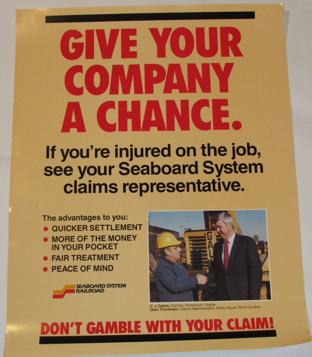 VINTAGE 1980s SEABOARD SYSTEM RAILROAD POSTER RR DON\'T GAMBLE WITH YOUR CLAIM