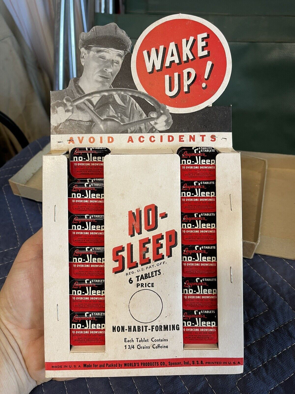 Vintage Laymon\'s No-Sleep Tablets In Original Cardboard Display w/ 23 Tins COOL