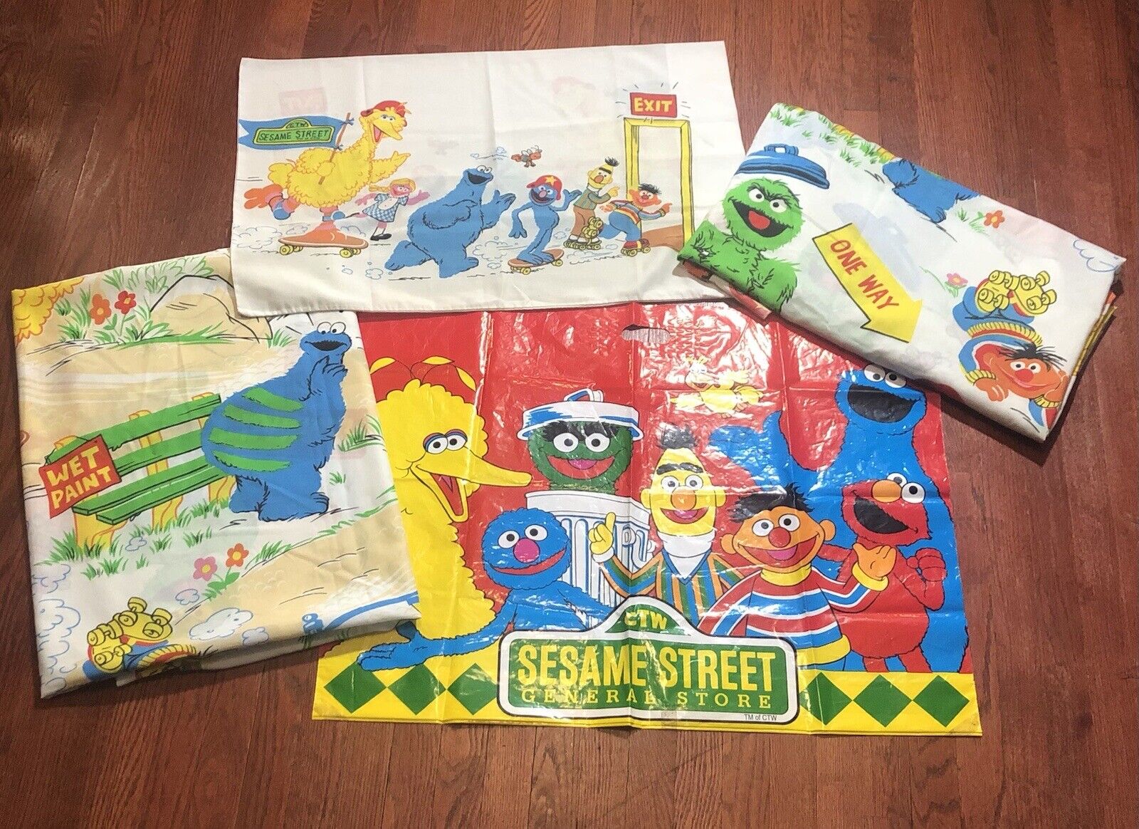 Vintage Sesame Street Twin Bed Sheets Set Muppets Big Bird Grover Store Bag