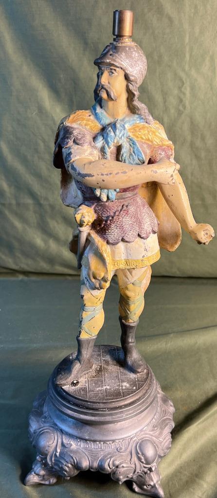 Antique Old Spelter Metal Statue Man Figural Viking Warrior Lamp Base Sculpture