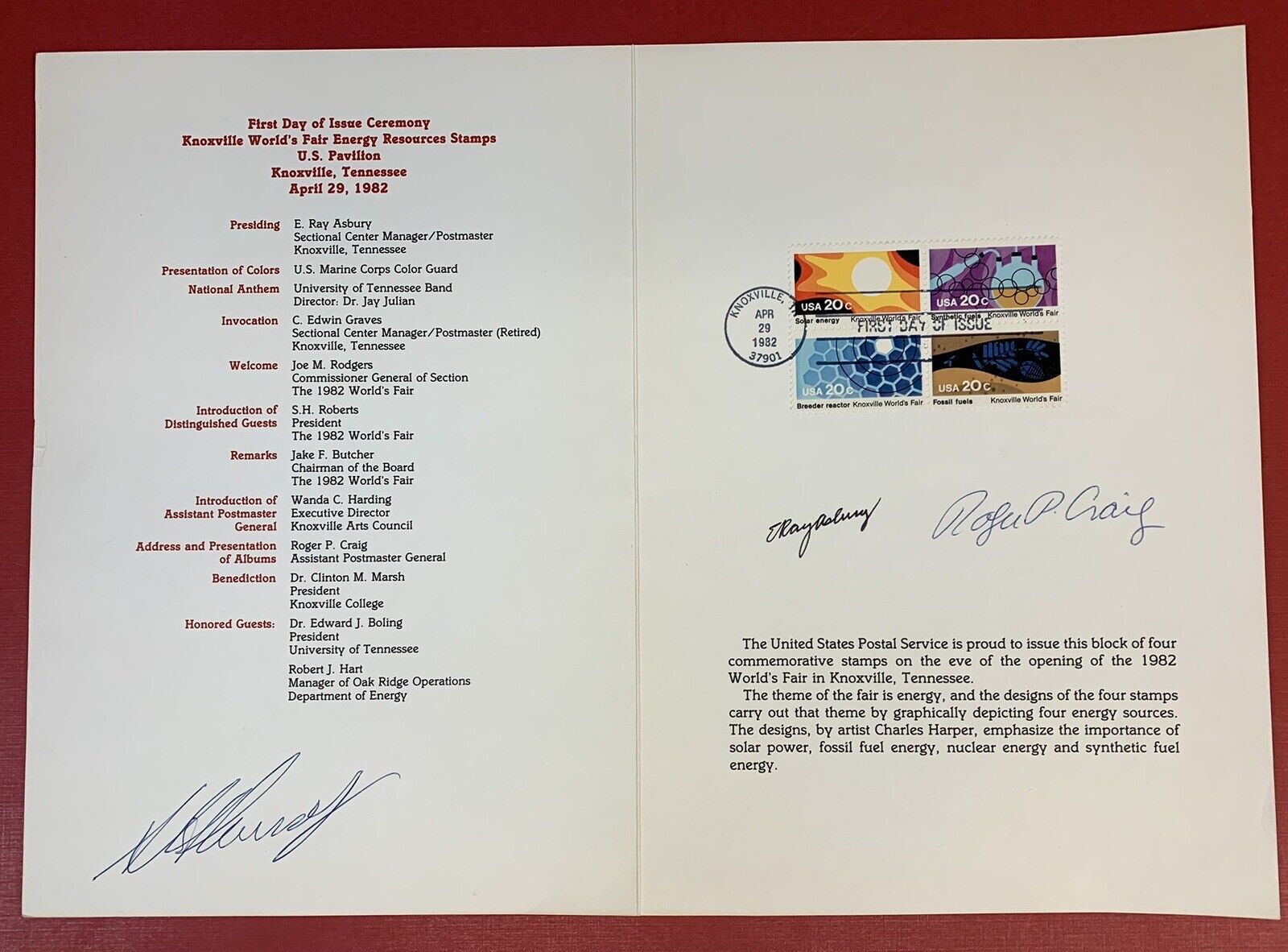 U.S. Scott #2009a, 1982 World's Fair, Knoxville, Ceremony Program, 3 Signatures