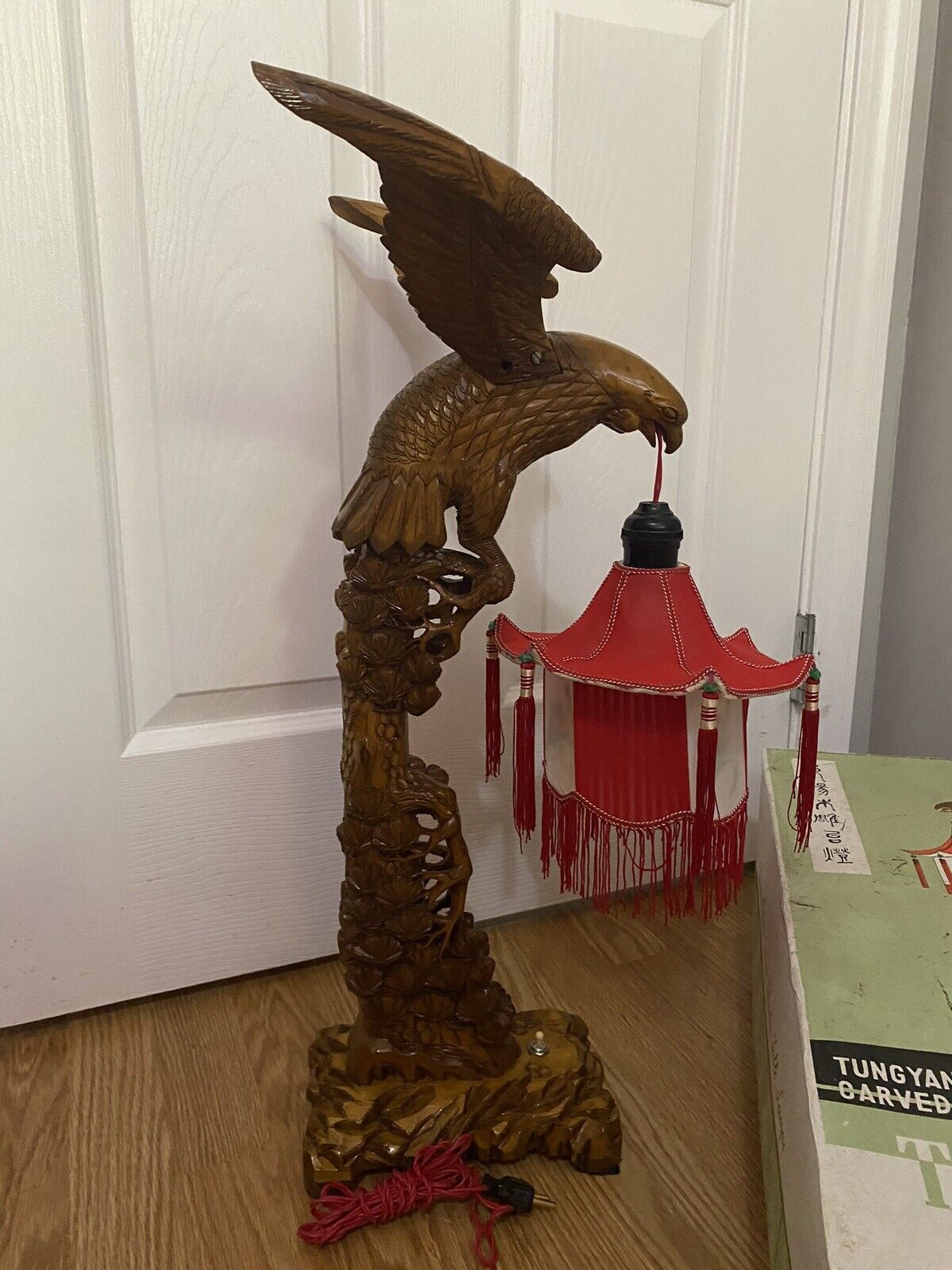 Vintage Hand Carved Wood Chinese Eagle Lamp - Working with Red Lantern Shade