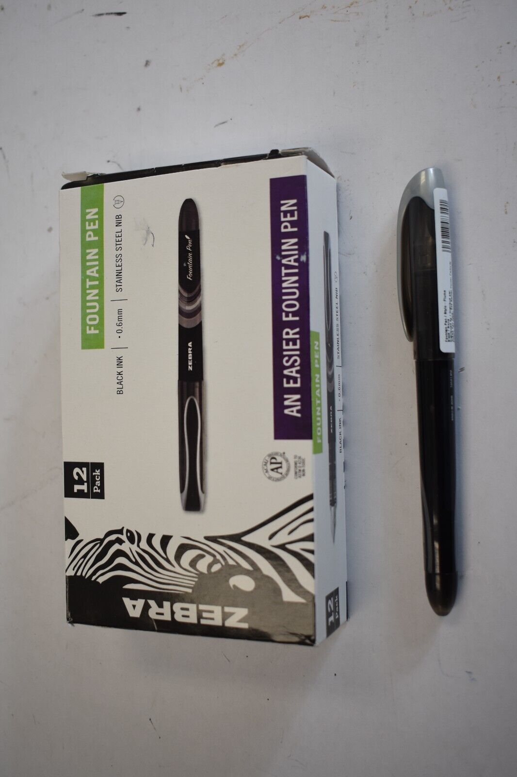 Zebra Fountain Pen Black Ink 12 Pack 0.6 mm Stainless Steel Nib Easier Fountain