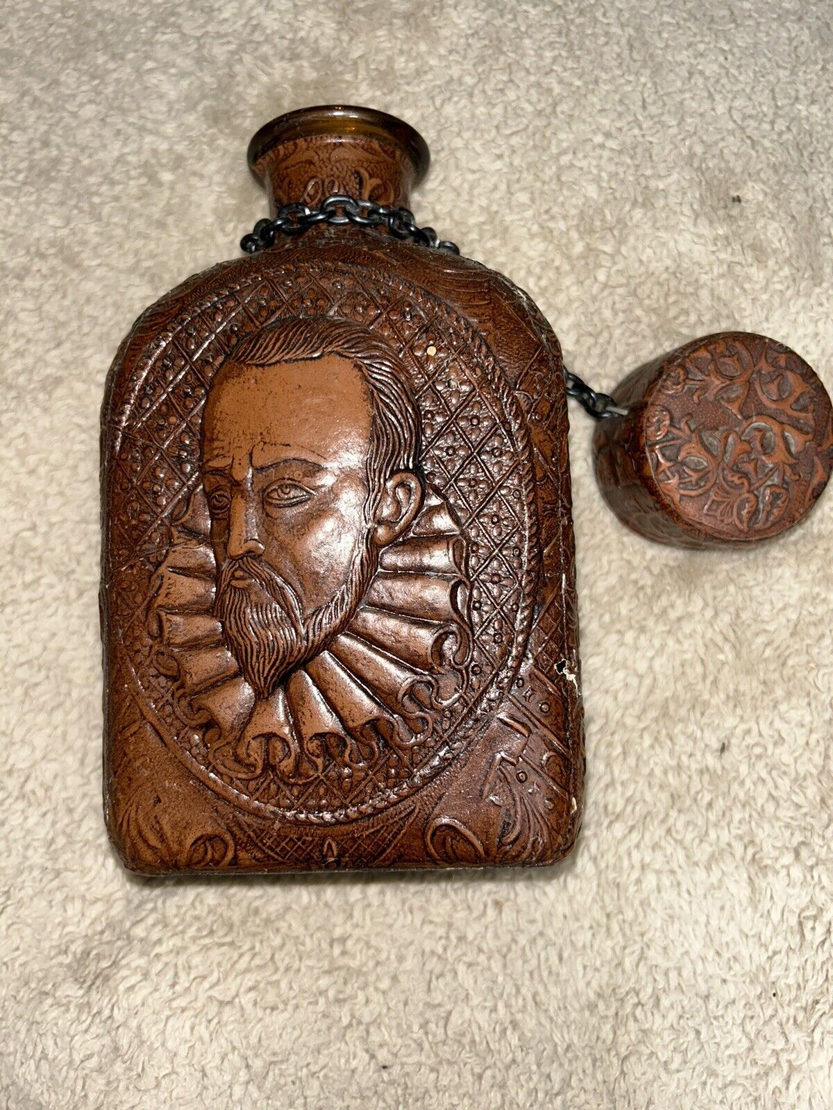 Embossed Leather Wrapped Bottle Decanter Spanish Don Quixote - Display Vintage