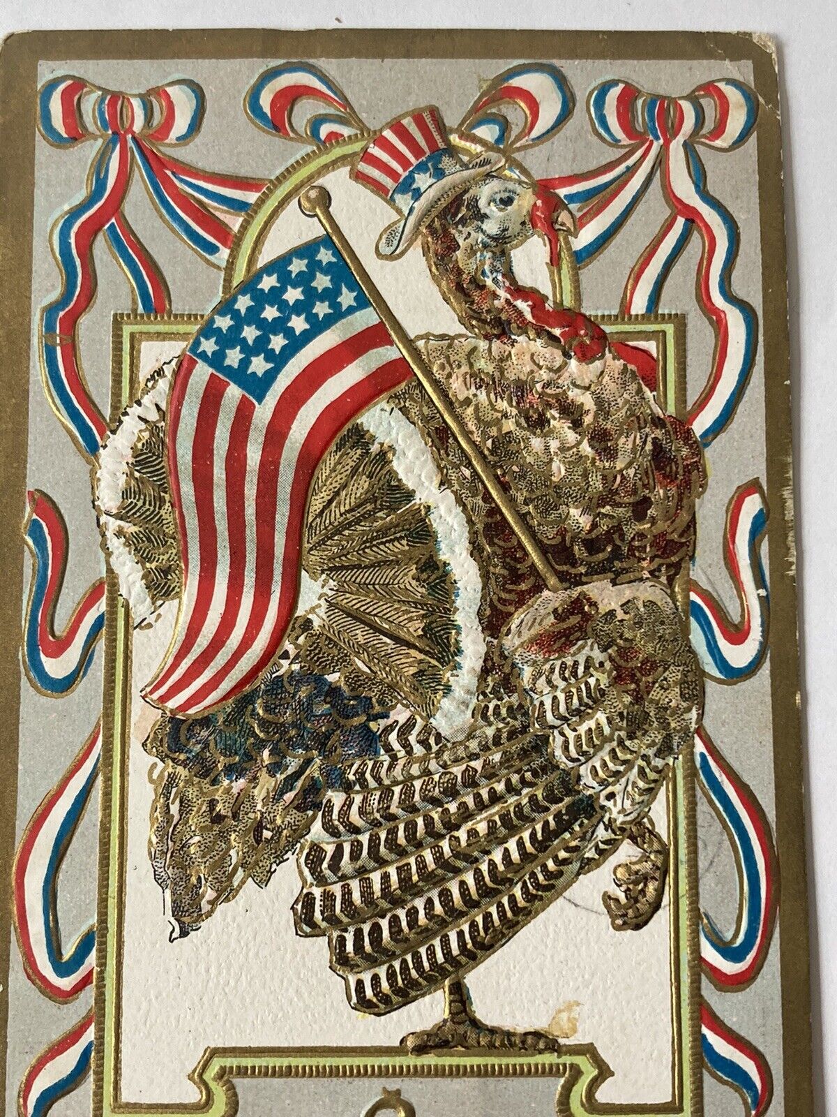 1908 American Flag Patriotic Uncle Sam￼ Turkey Thanksgiving Embossed Postcard