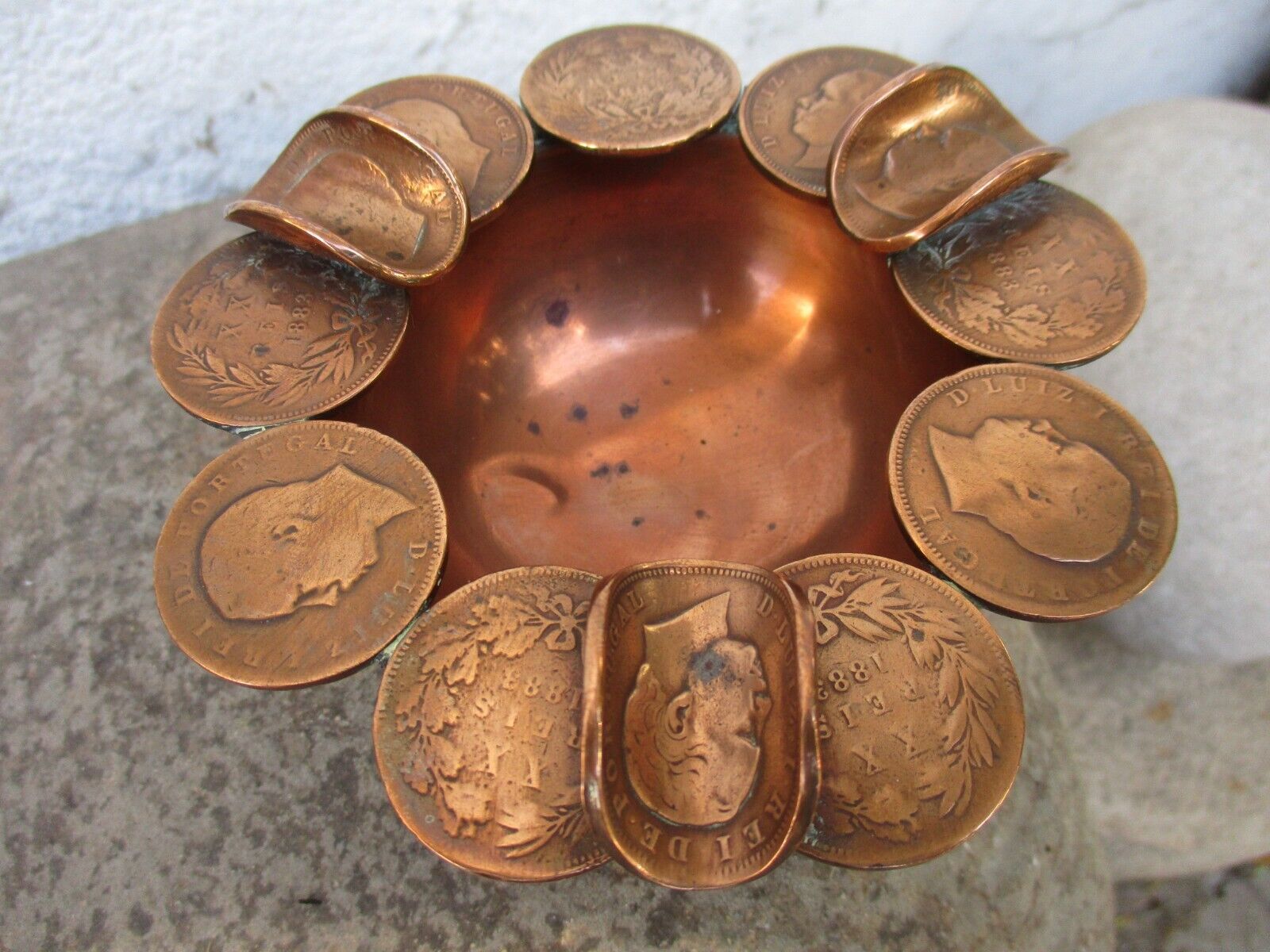 Vintage True Copper Unique Ashtray Beautiful Handmade Art With Coins (1883 All)