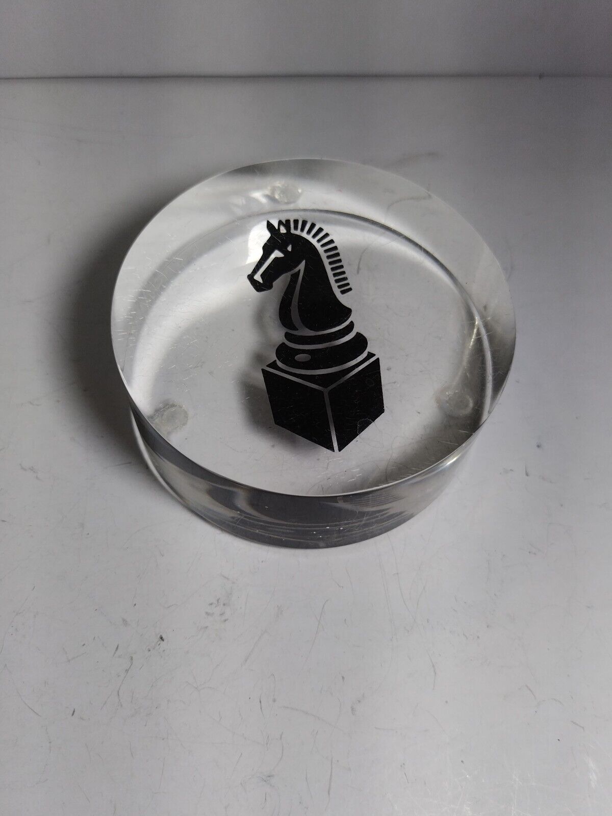 Chess Knight Checkmate Vintage Round Plexiglass Clear Plastic Desk Paperweight