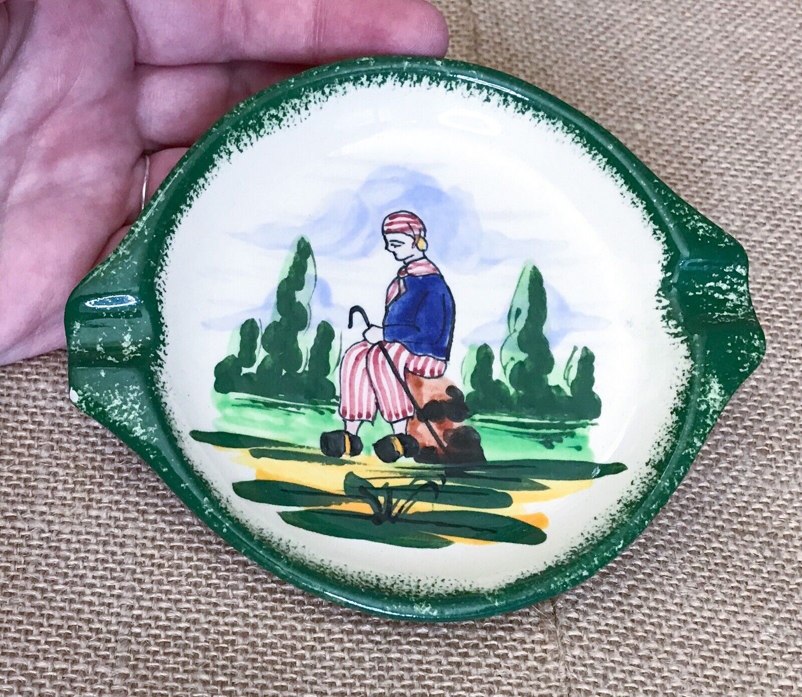 GF Desvres France Hand Painted Faience Green Trim Peasant Ashtray Trinket Dish