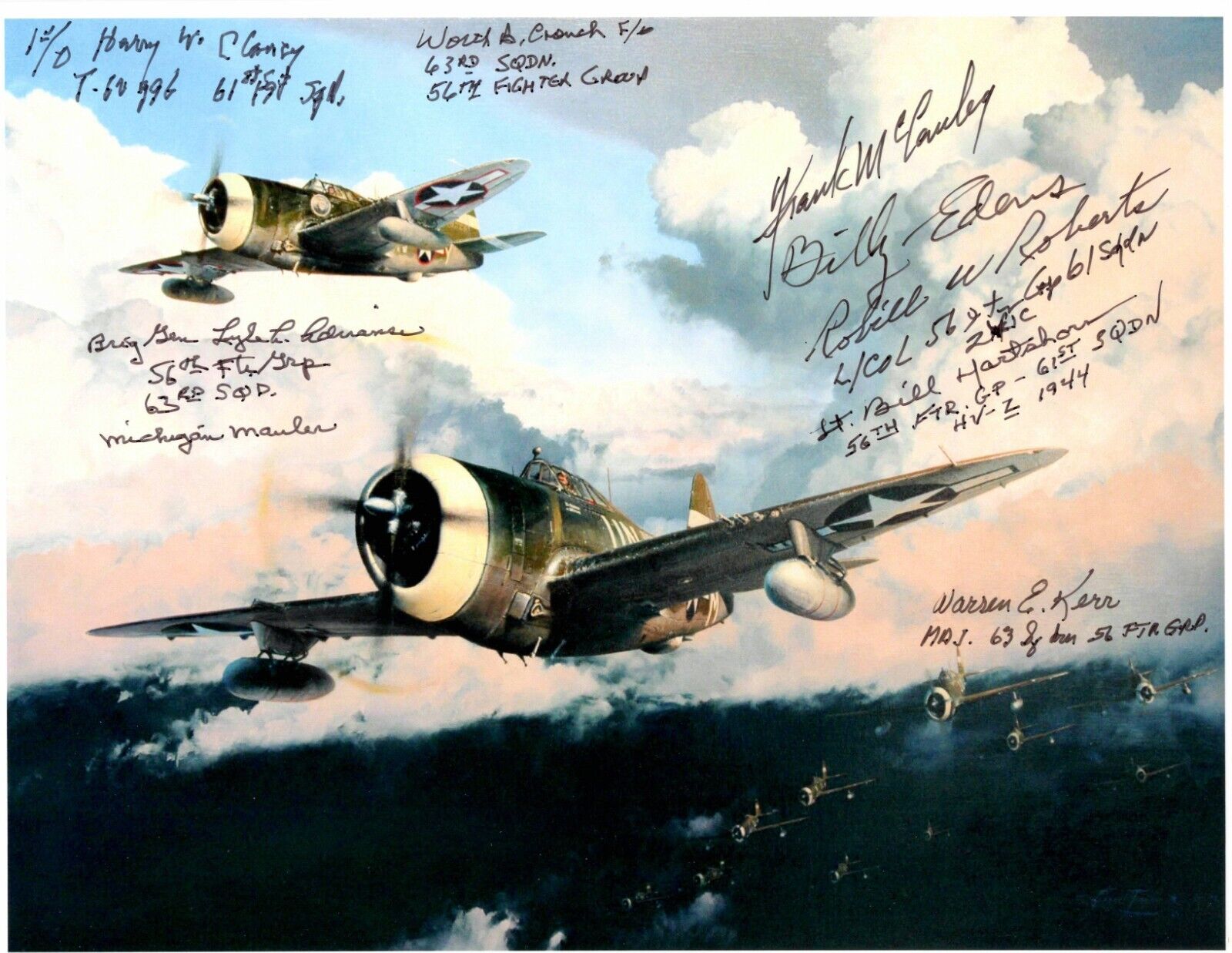 56TH FG WWII ACE SIGNED BY 8 8X10 PHOTO ACES ZEMKE'S WOLFPACK SUPER RARE