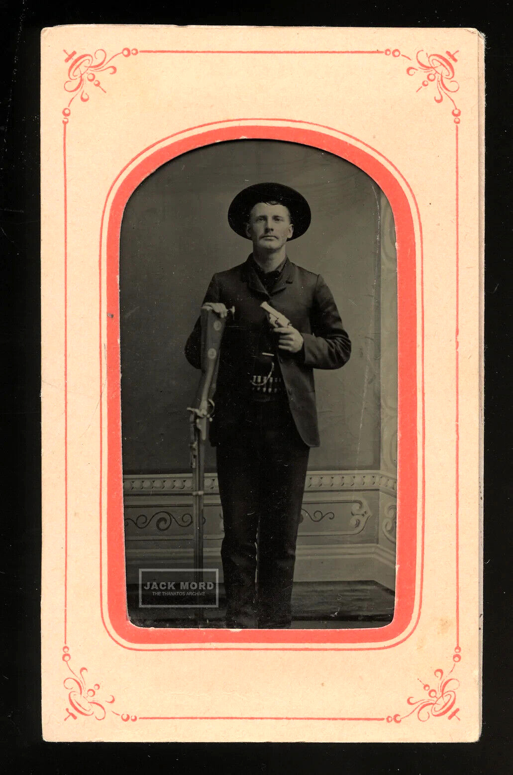 Western Man Cowboy Holding Gun & Rifle Cartridge Belt Antique Tintype Photo