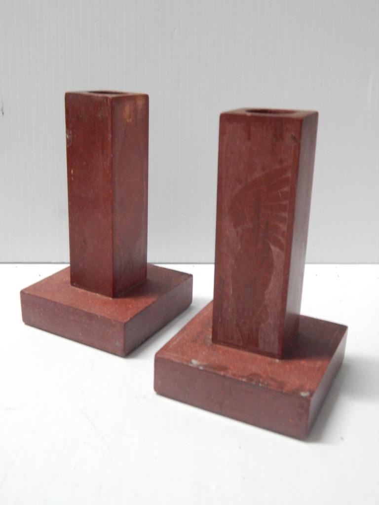 HEAVY ANTIQUE SIOUX INDIAN PLAINS CATLINITE PIPESTONE CANDLE HOLDER SET OF 2