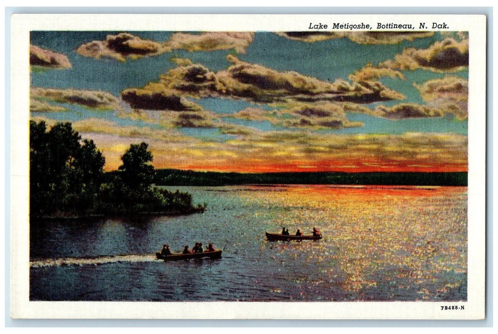 c1960s Lake Metigoshe Boats And Sunset Scene Bottineau North Dakota ND Postcard
