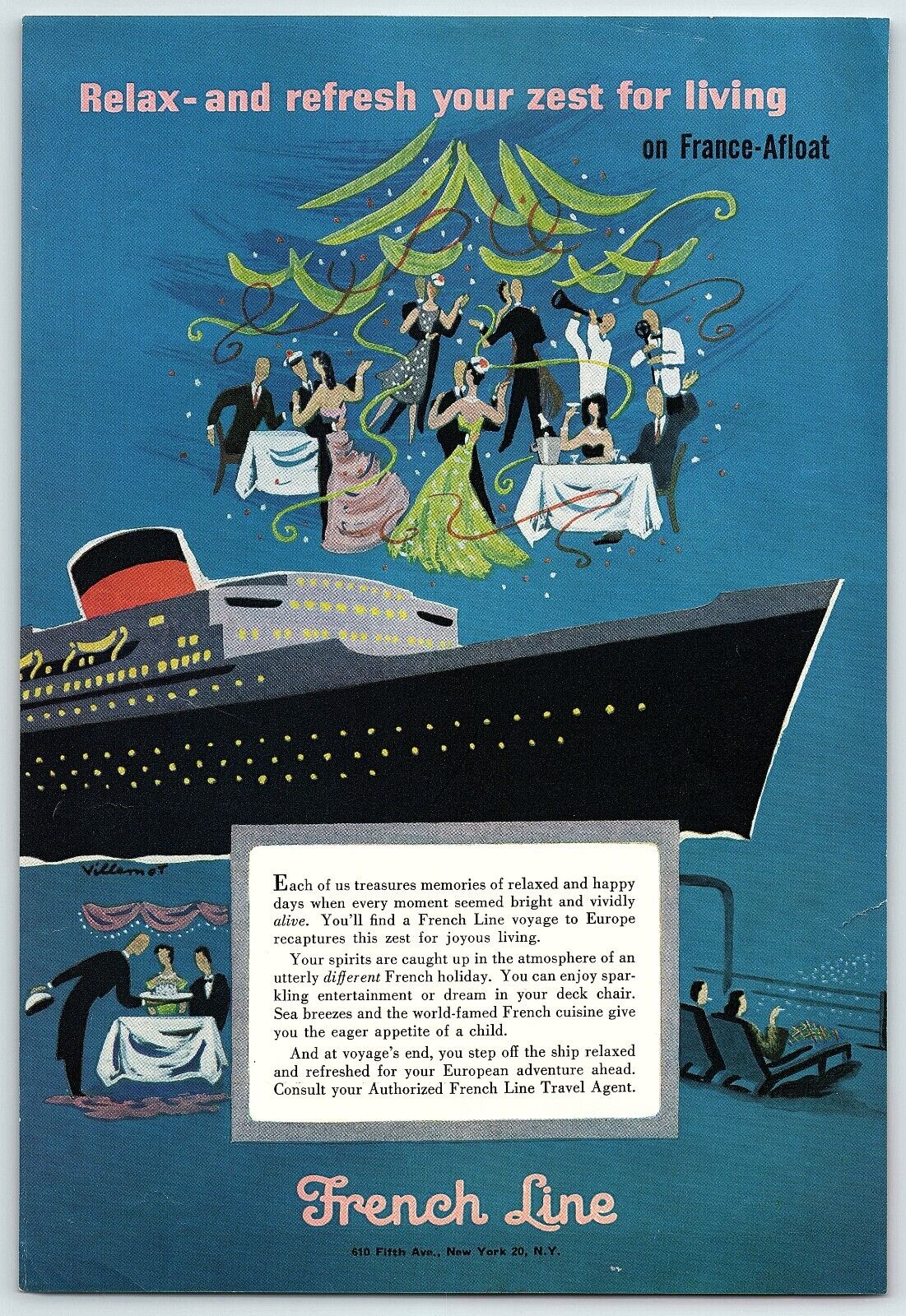 1950s FRENCH LINE CRUISE LINES FRANCE-AFLOAT ADVERTISEMENT Z1779
