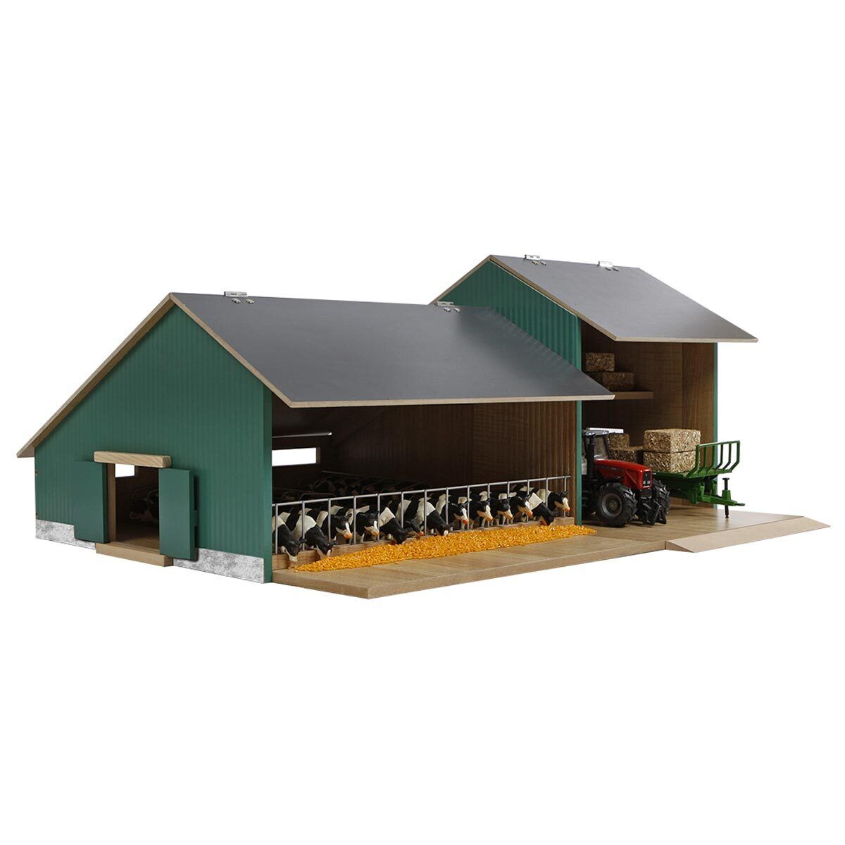 1/32 Wooden Two Bay Farm Machinery Equipment Shed With Cow Dairy Barn 610200